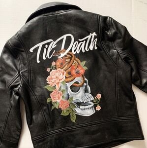 Custom Black Leather Jacket with Painted Skull and Floral Design
